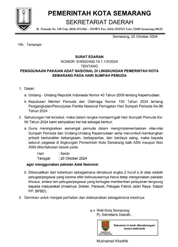Penggunaan Pakaian Adat Nasional di Lingkungan Pemerintah Kota Semarang pada Hari Sumpah Pemuda 2024